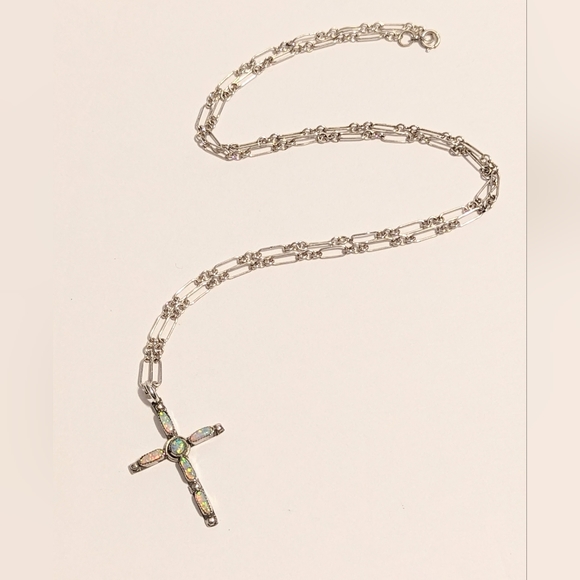 Stainless Steel Opal Cross Pendent w/ Long Chain - Picture 3 of 4
